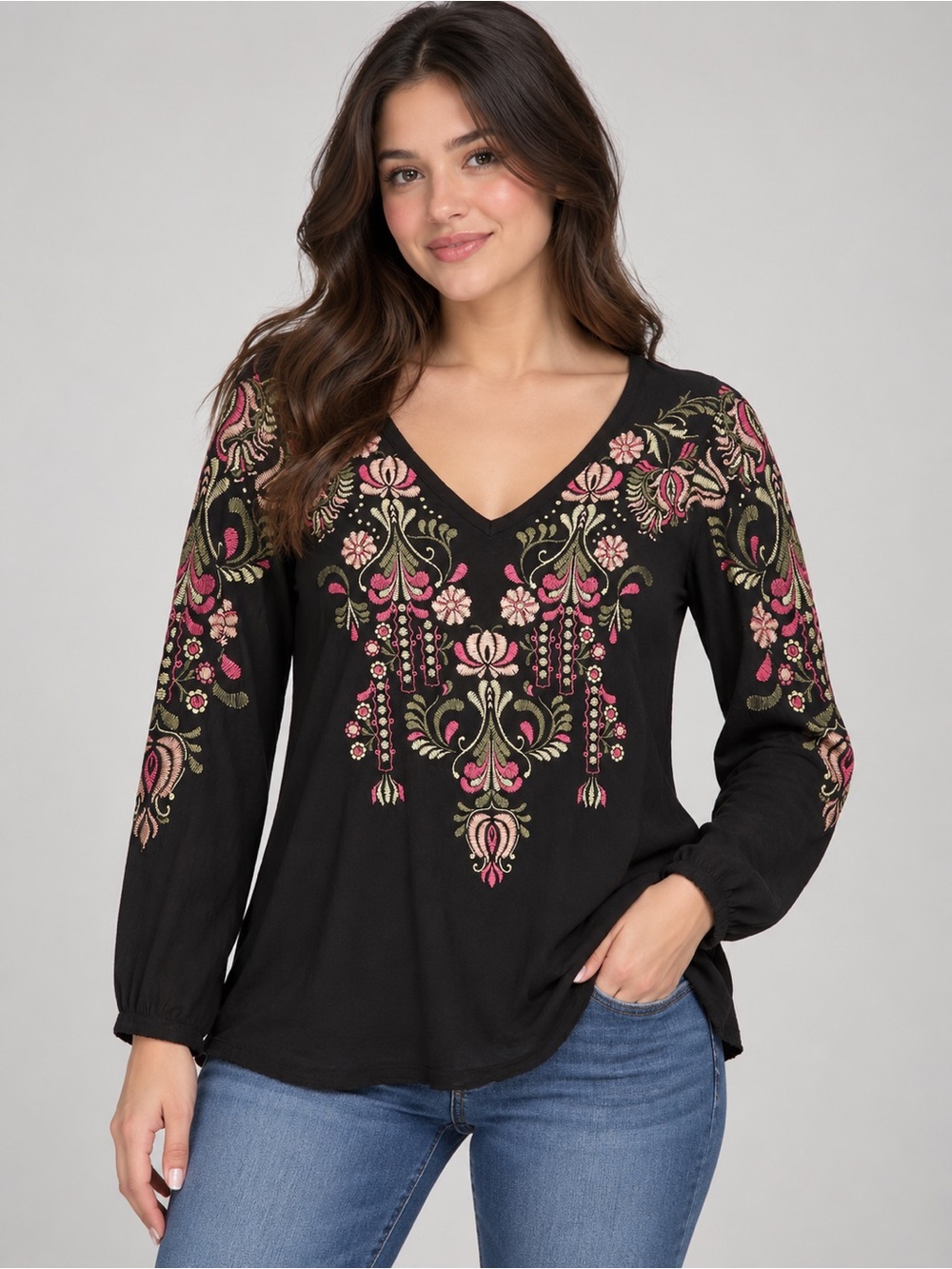 Printed V-Neck Black Long-Sleeve Top with Pink Floral Accents